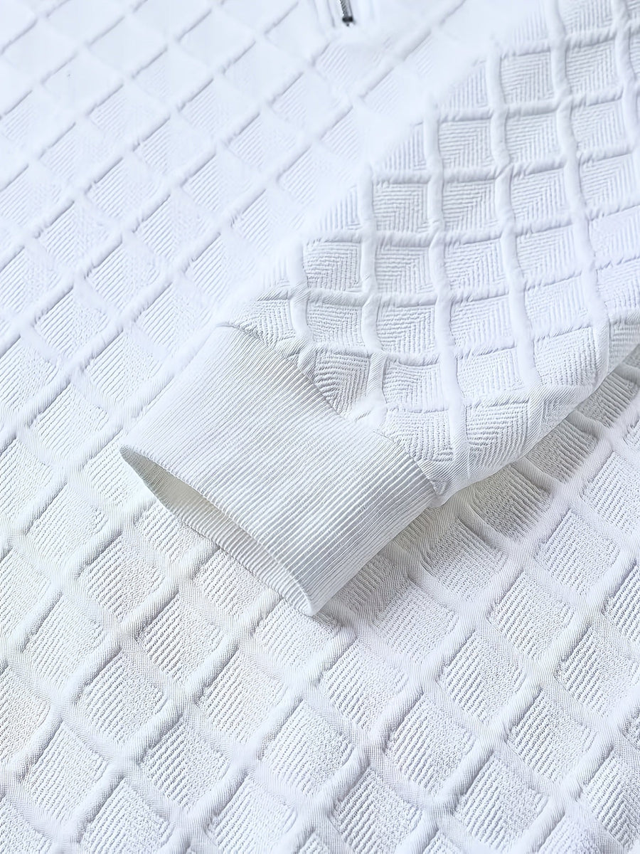 White textured men's sweater with a zip-up stand collar