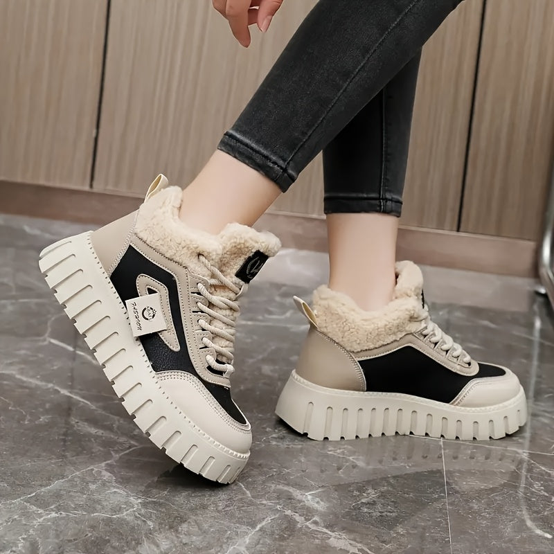 Baskets montantes femme crème noir fourrées semelle épaisse