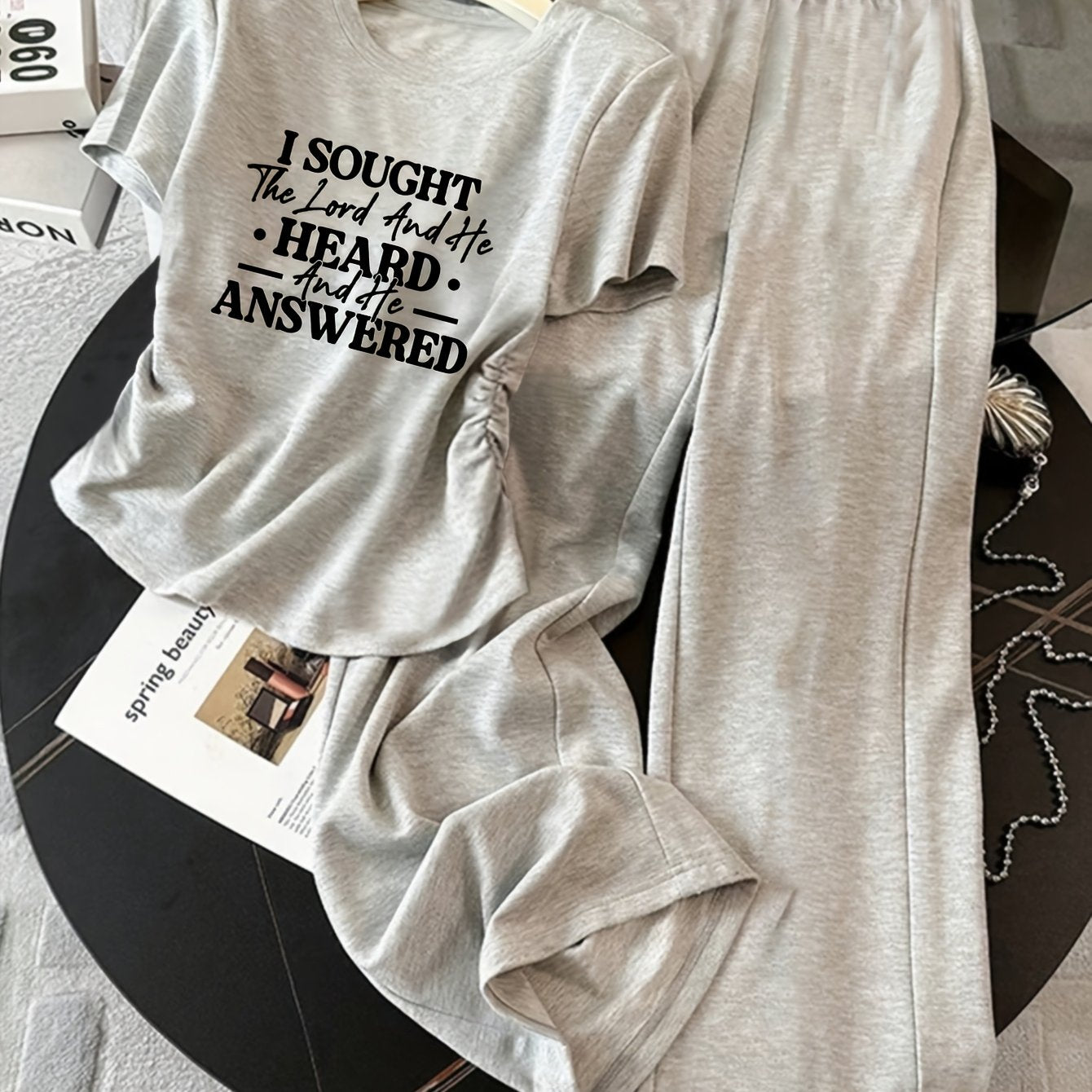 Ensemble décontracté pour femme, t-shirt à manches courtes et pantalon large, style lounge chic