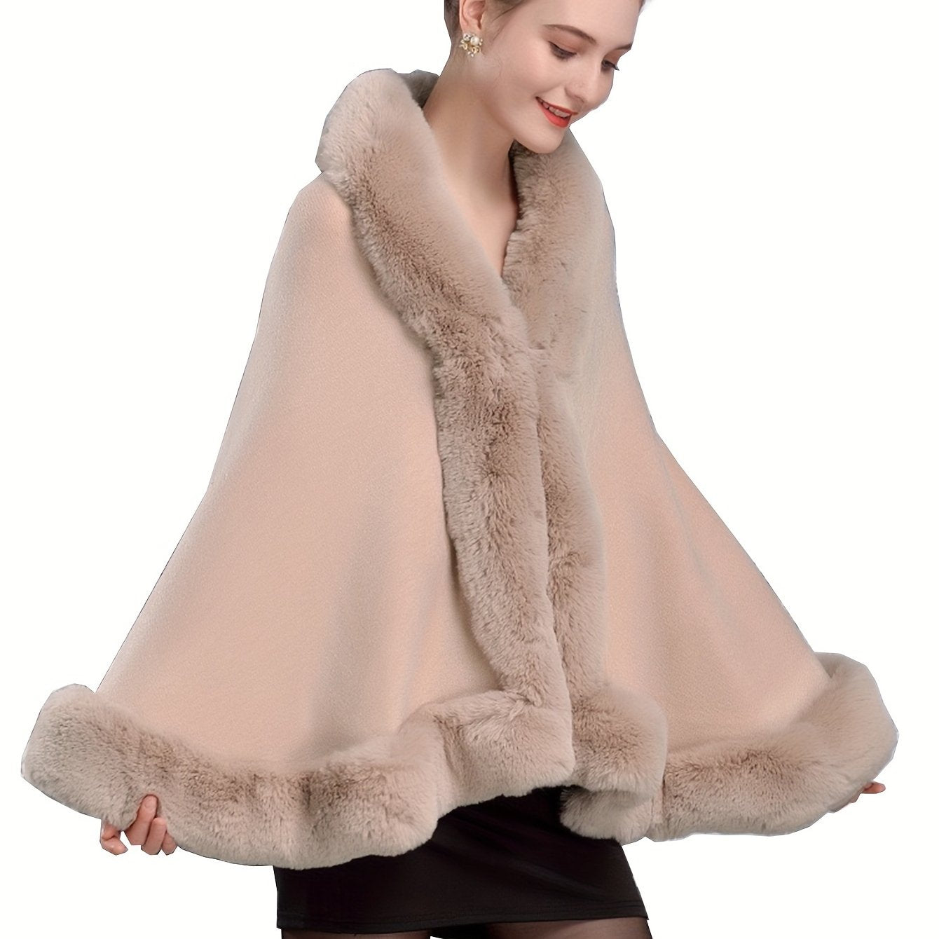 Cape poncho femme ample avec col et bordures en fausse fourrure pour hiver élégant