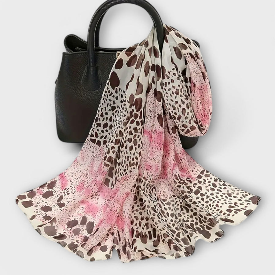 Women’s Scarf with Animal Print in Beige, Brown, and Black Tones