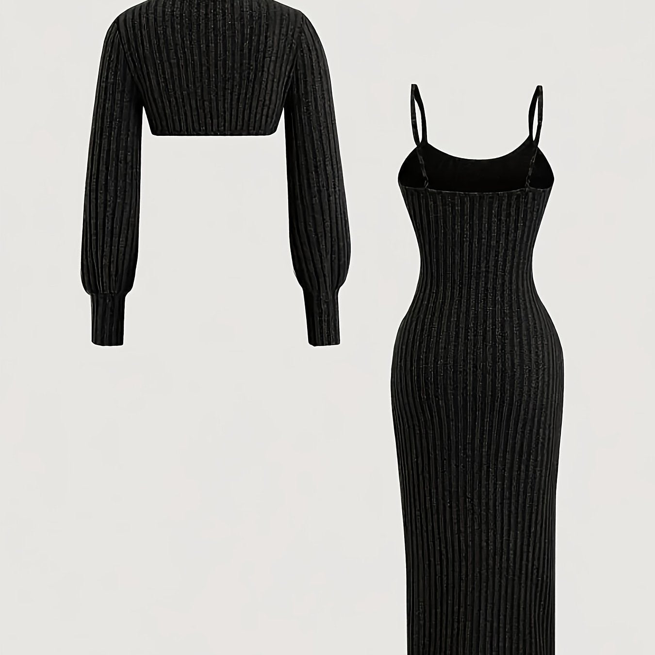 Ensemble Robe Midi Bretelles Fines & Boléro Court Manches Longues Maille Côtelée