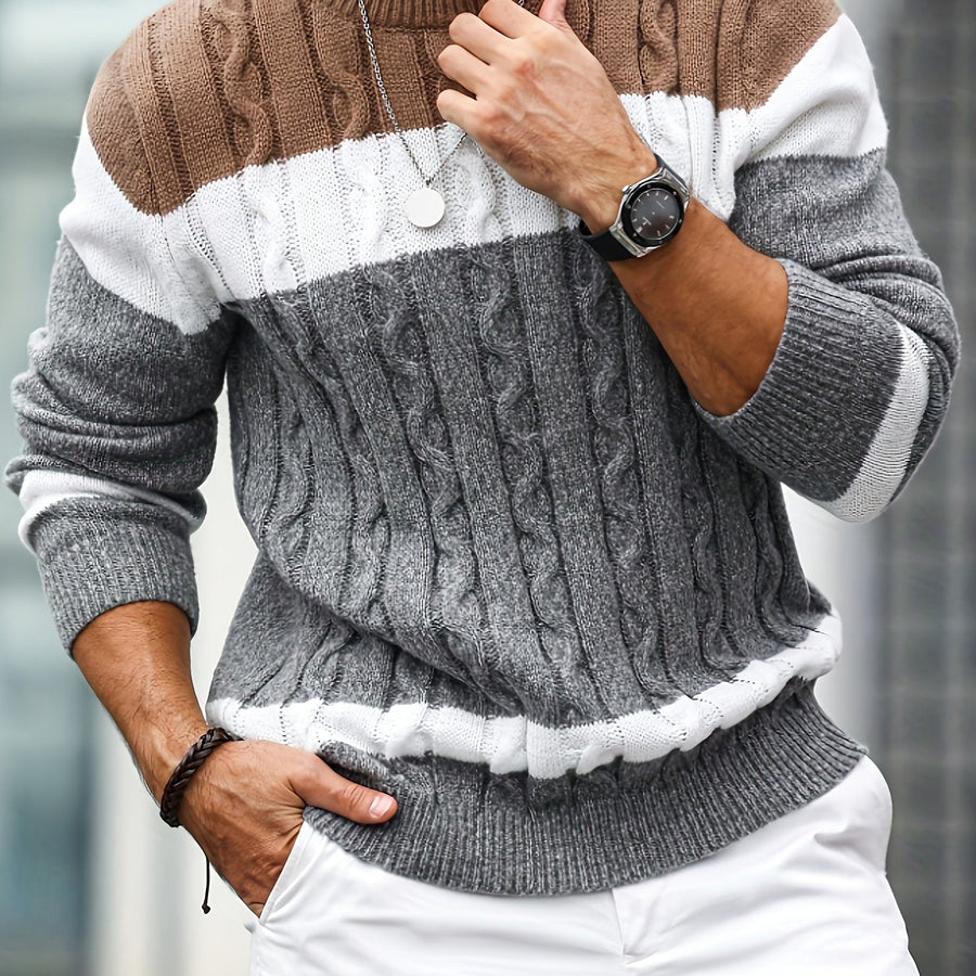 Pull homme tricoté à motifs tressés, rayures marron, blanc et gris