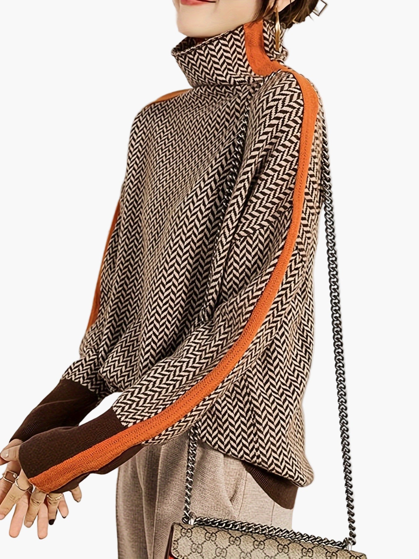 Maglione Invernale Donna Collo Alto Motivo Geometrico Stile Elegante Casual