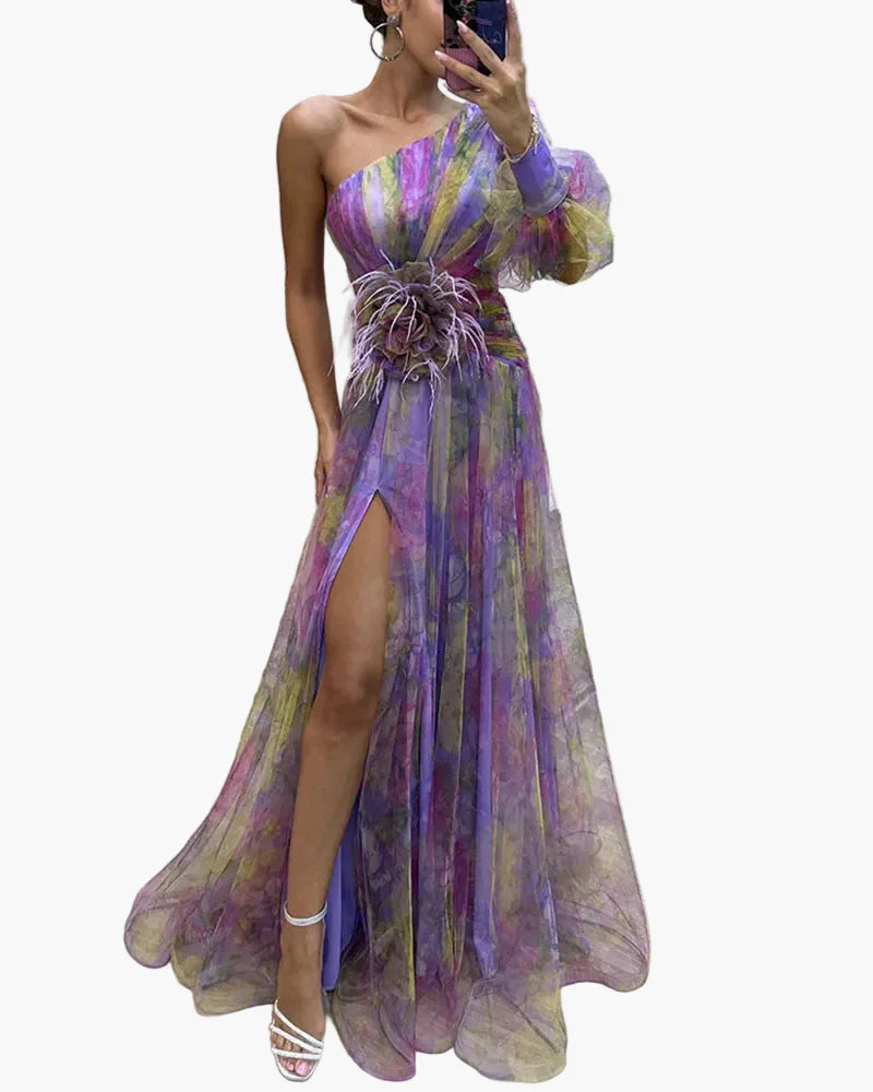 Robe longue élégante femme style soirée à une épaule avec fente et volant tendance