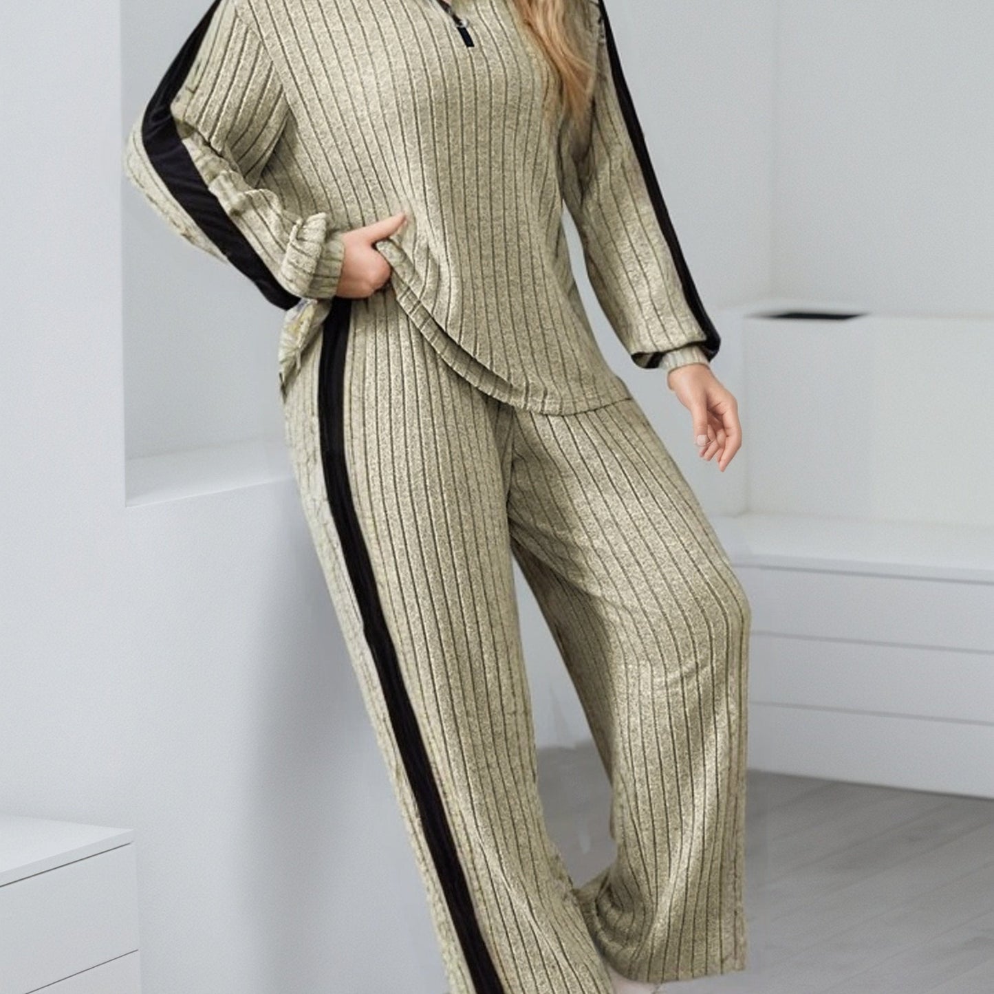 Ensemble côtelé Femme col zippé rayures latérales contrastantes