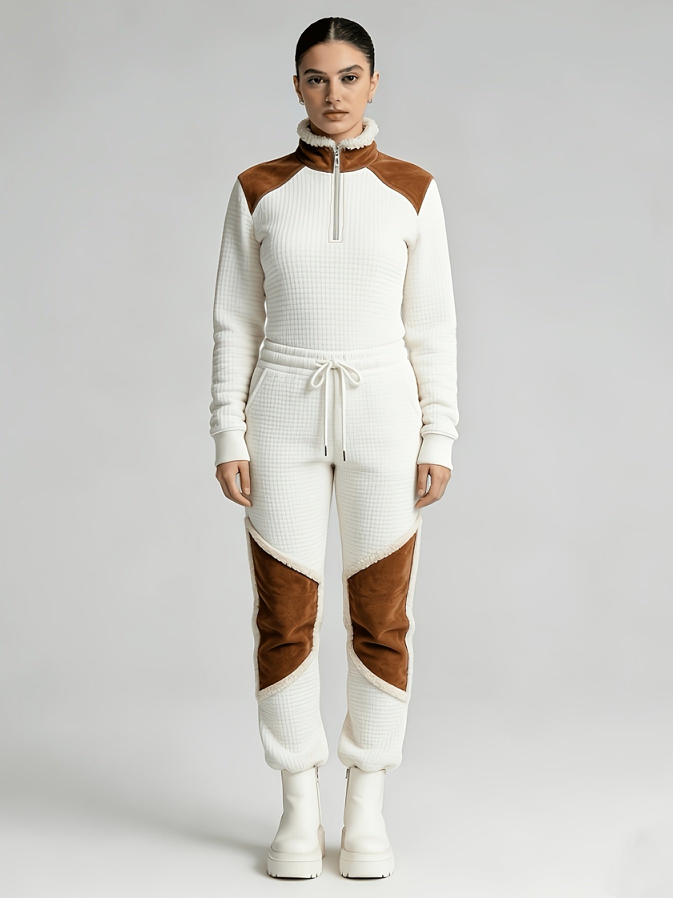 Pull matelassé Femme Col Montant Zippé Blanc Cassé Épaules Marron Effet Daim