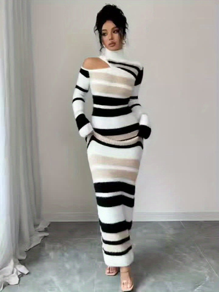 Robe longue moulante à col montant rayée Noir Crème Beige Femme