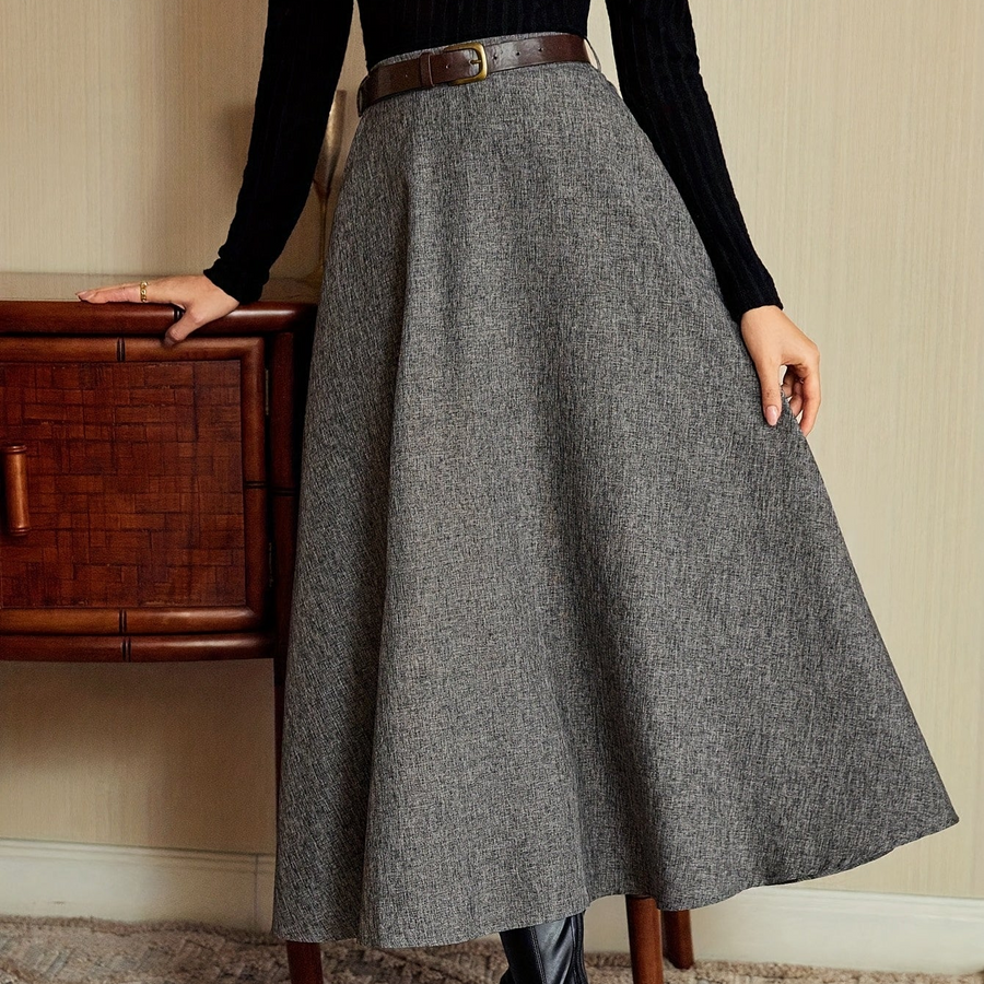 Jupe longue évasée taille haute unie gris chiné pour femme