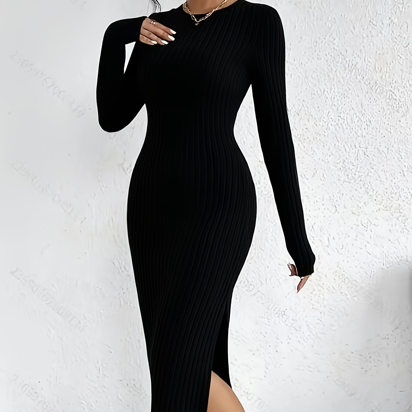 Robe longue côtelée femme manches longues col rond fente latérale beige