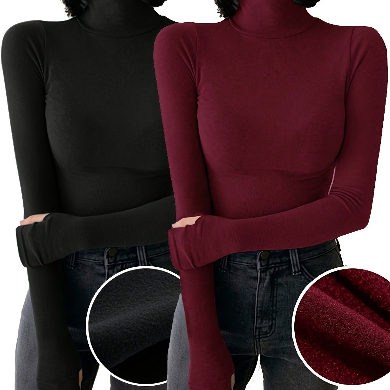 T-shirt Femme Col Roulé Manches Longues avec Trous pour Pouces Chaud Doux Couleur Unie