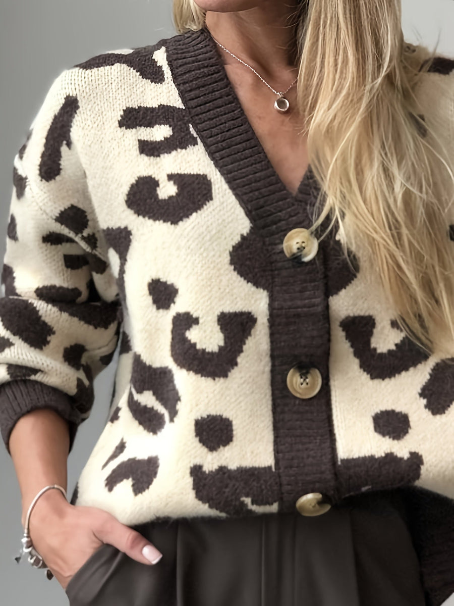 Gilet Femme Léopard Crème et Marron Col V Boutons
