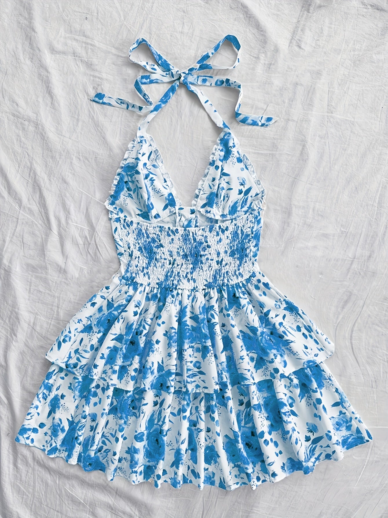 Sommerkjole til kvinder i boheme-stil med flæser, halterneck, blomsterprint, ideel til aftener og fester