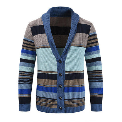 Cardigan pour Homme en Maille Rayée Col Châle à Boutons