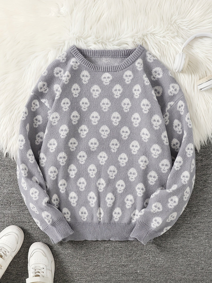 Pull col rond à motif têtes de mort en tricot doux
