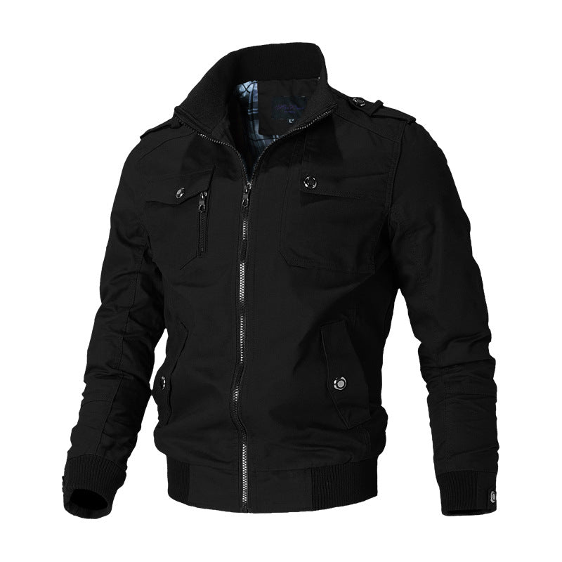 Bomberjakke for menn med ståkrage, avslappet jakke med glidelås i ensfarget design