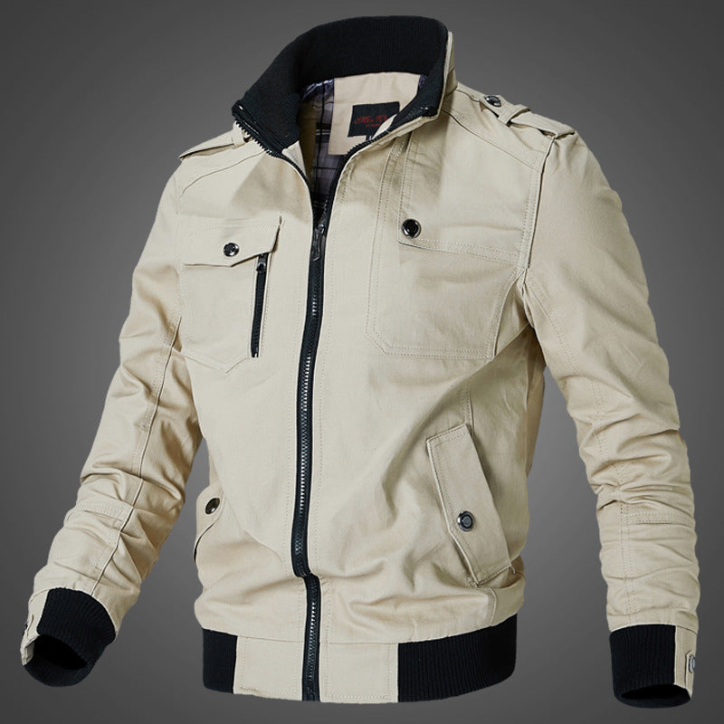 Blouson aviateur homme beige col montant multi-poches