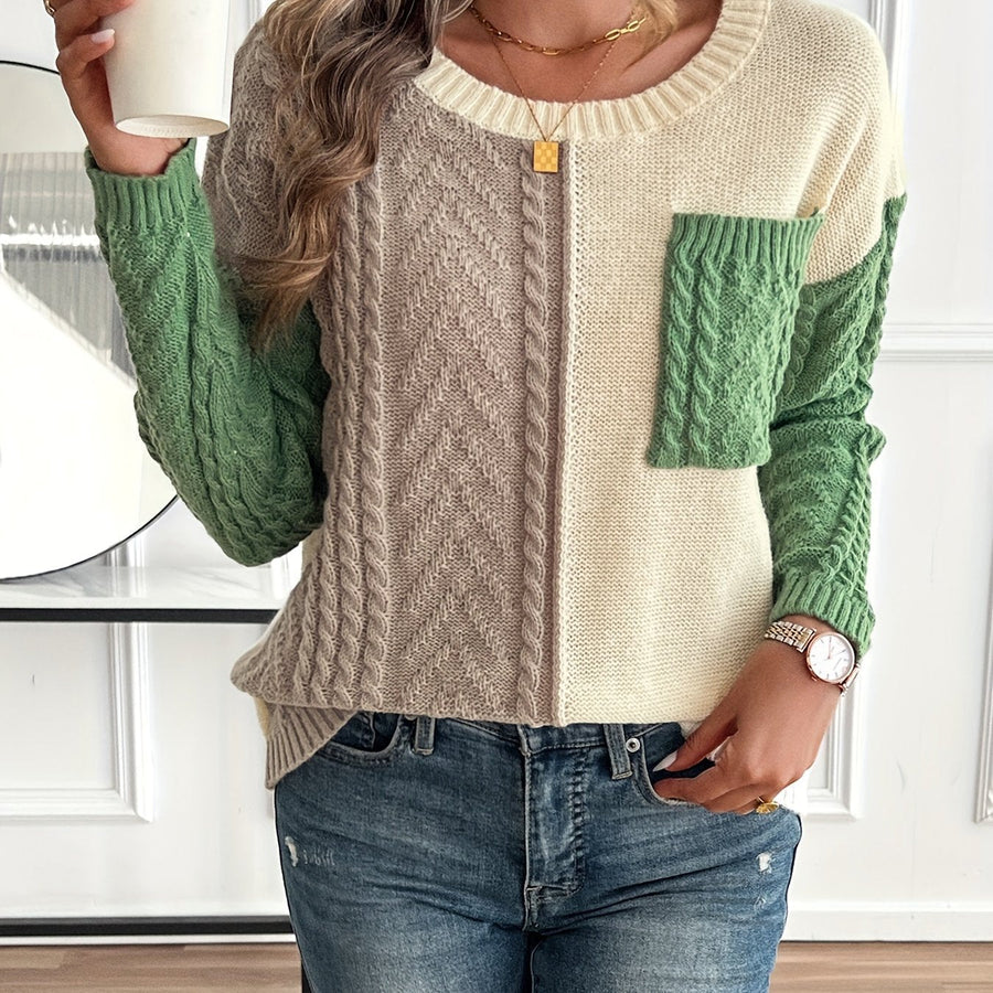 Pull Femme Maille Torsadée Bicolore Crème Vert avec Poche Plaquée