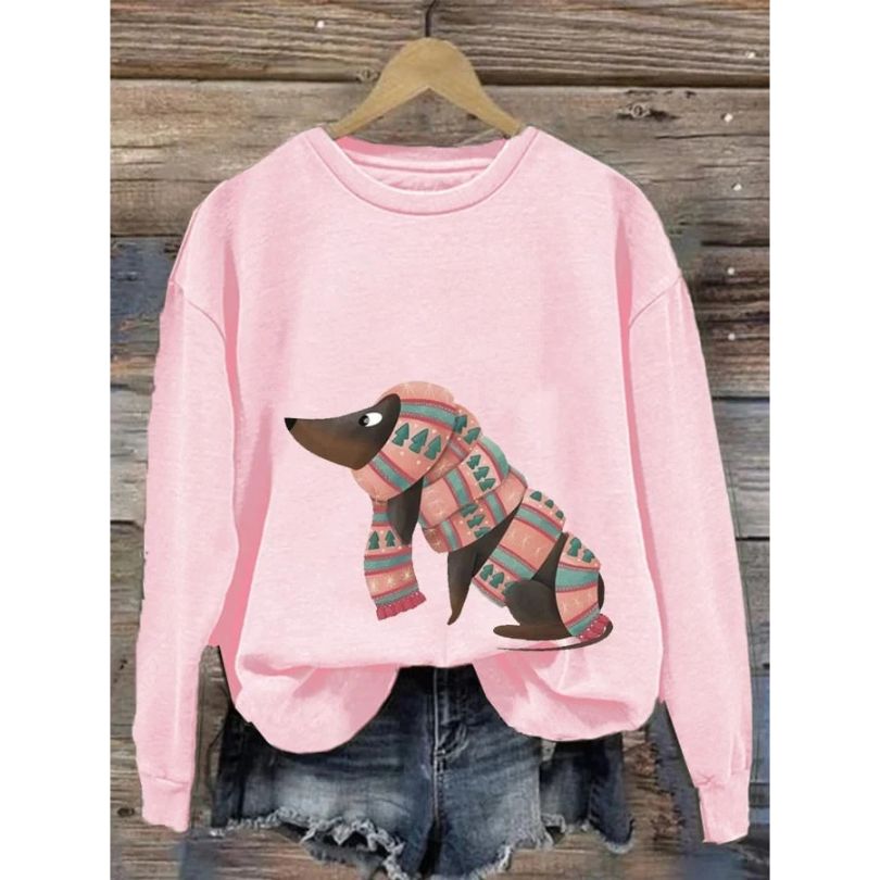Damen-Sweatshirt mit Rundhalsausschnitt und fantasievollem Hundeaufdruck