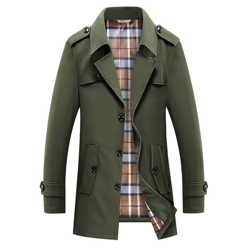 Klassischer einfarbiger Herren-Trenchcoat mit Karomuster-Futter