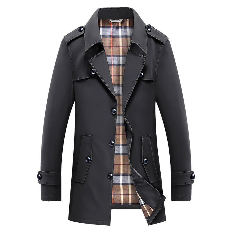 Klassischer einfarbiger Herren-Trenchcoat mit Karomuster-Futter