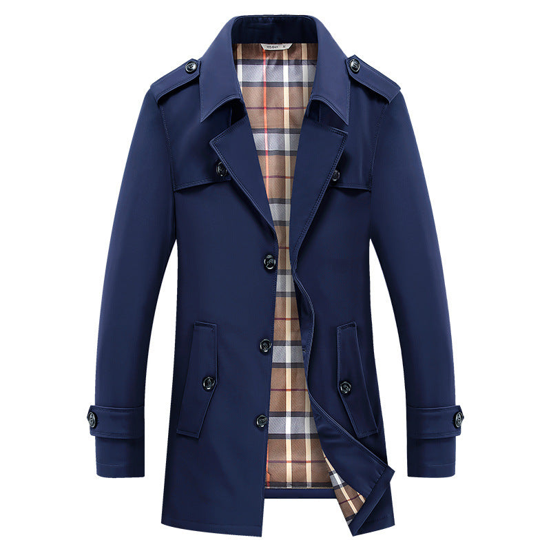 Klassischer einfarbiger Herren-Trenchcoat mit Karomuster-Futter