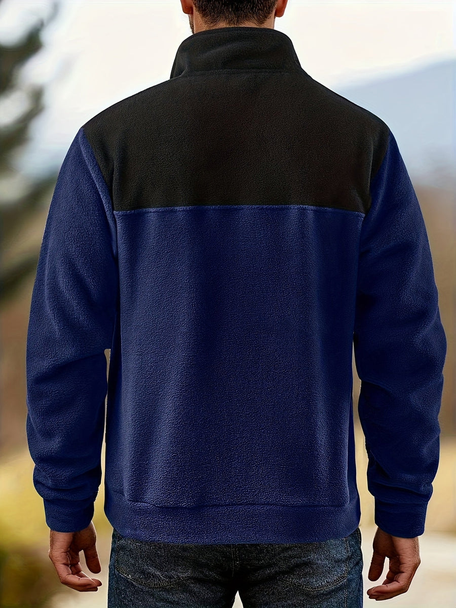 Herenfleece met twee kleuren, opstaande kraag en drukknopen