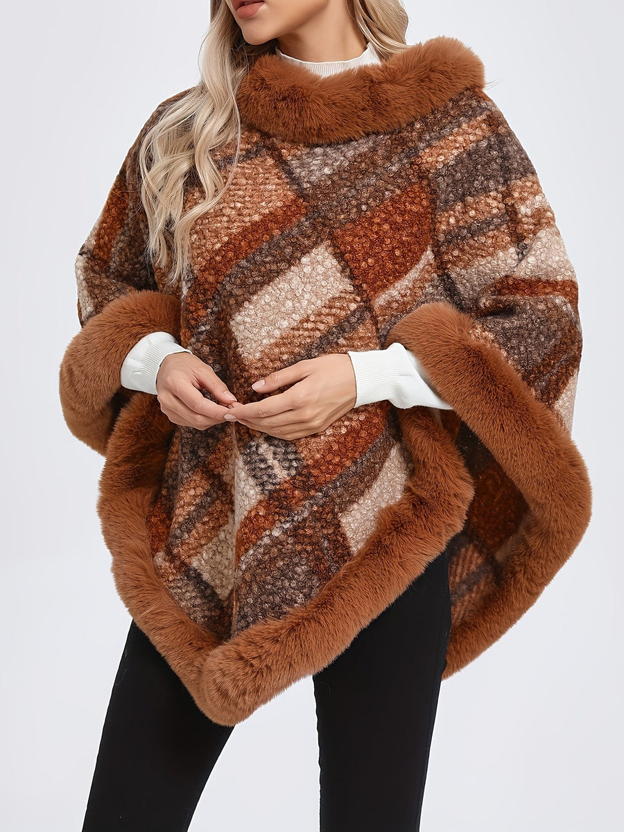 Poncho Femme Chaud Motifs Géométriques et Bordures Imitation Fourrure