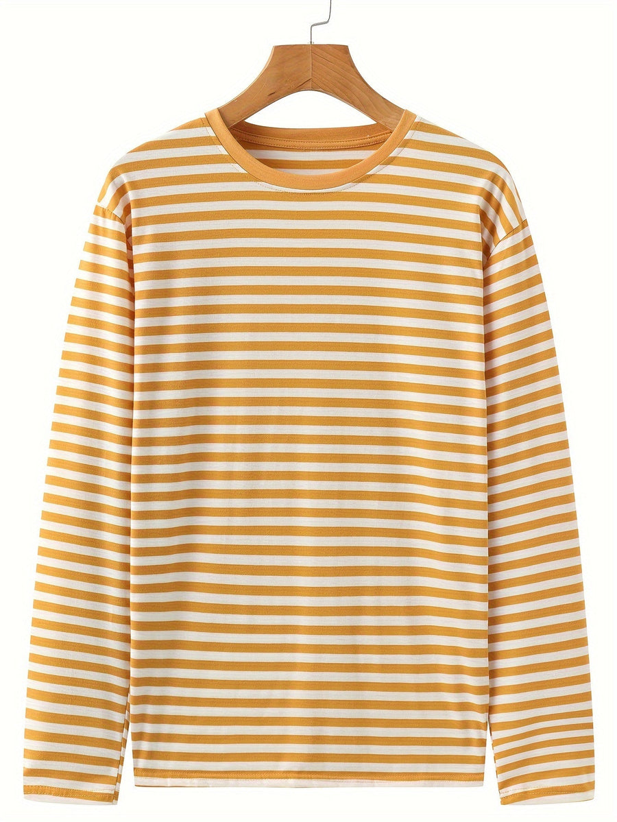 Blå og hvidstribet langærmet T-shirt med rund hals til mænd