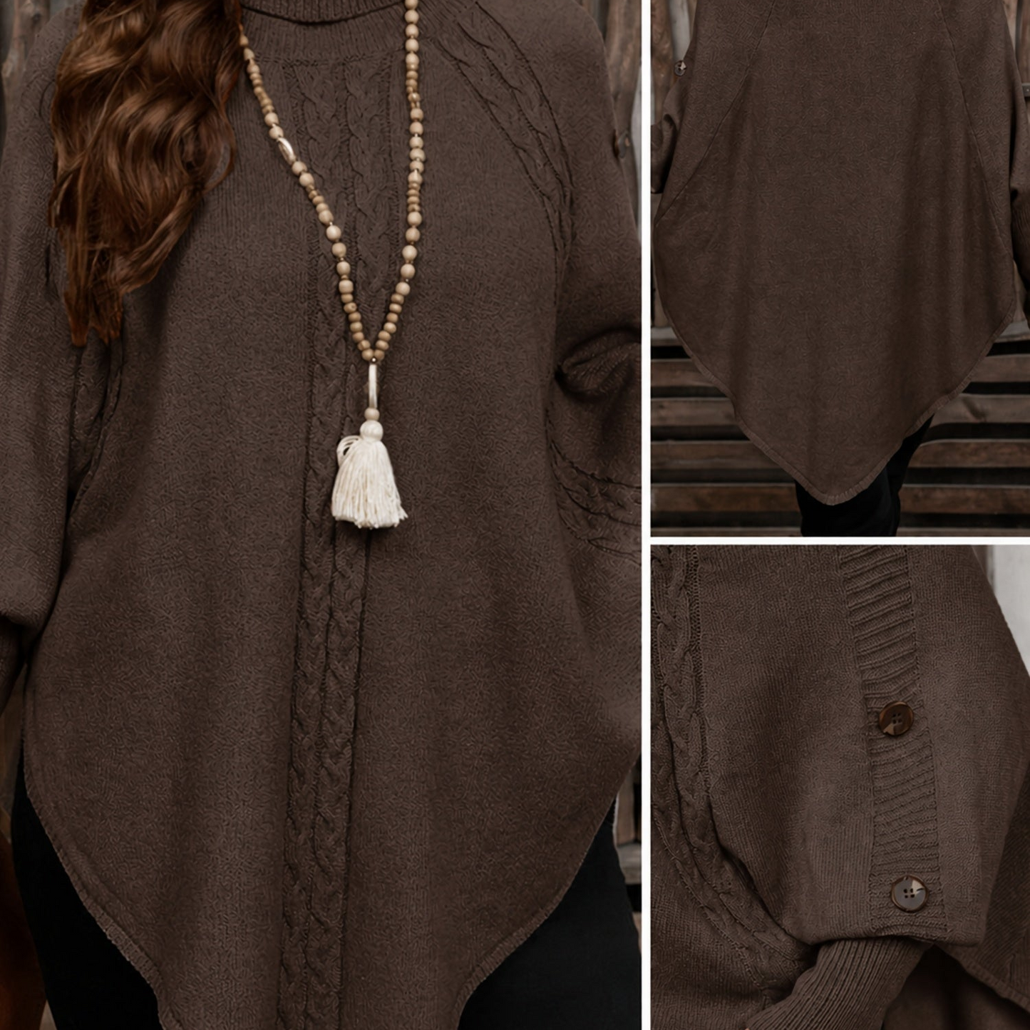 Pull poncho en tricot à col roulé et tresses avec boutons décoratifs pour femme