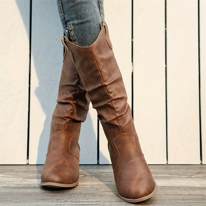 Light brown slouchy distressed-effect boots with block heel