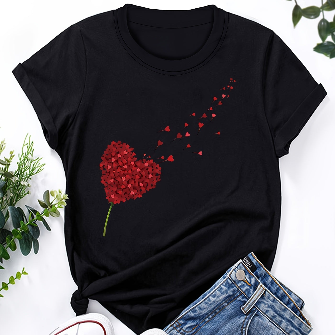 T-shirt Femme Style Décontracté Imprimé Cœur Volant pour Look Estival et Moderne