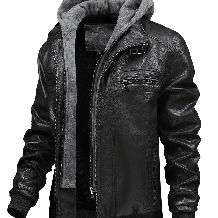 Brown men's bomber jacket with a removable hood and warm lining