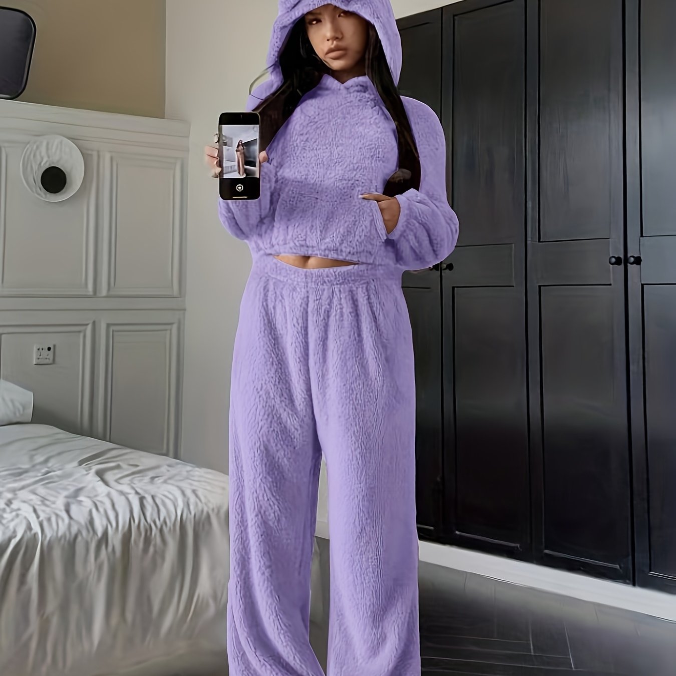 Ensemble d'intérieur Femme Doux à Capuche et Pantalon Large avec Oreilles