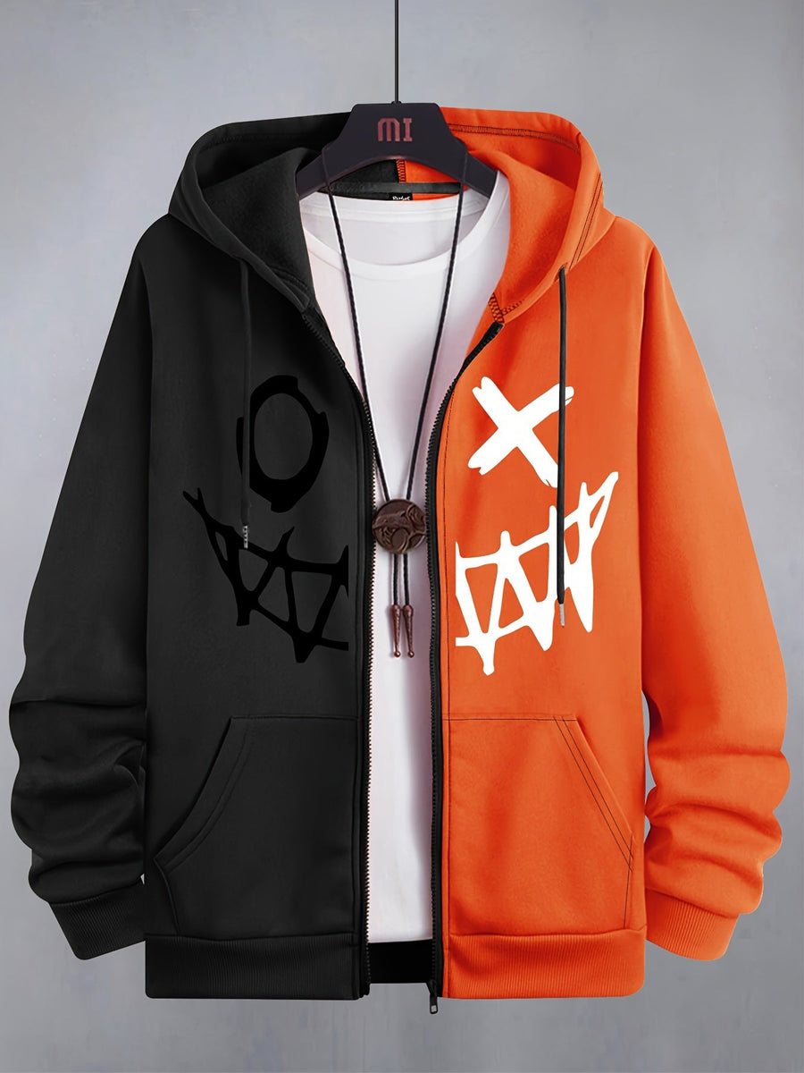 Sweat à capuche bicolore homme avec motif graphique décontracté fermeture éclair