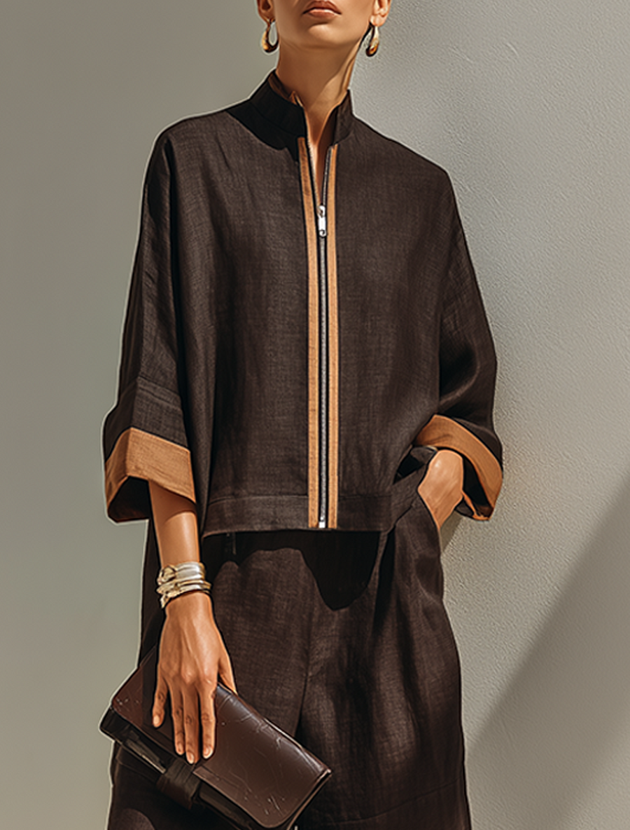 Conjunto de mujer con top corto y pantalón ancho, marrón con detalles camel
