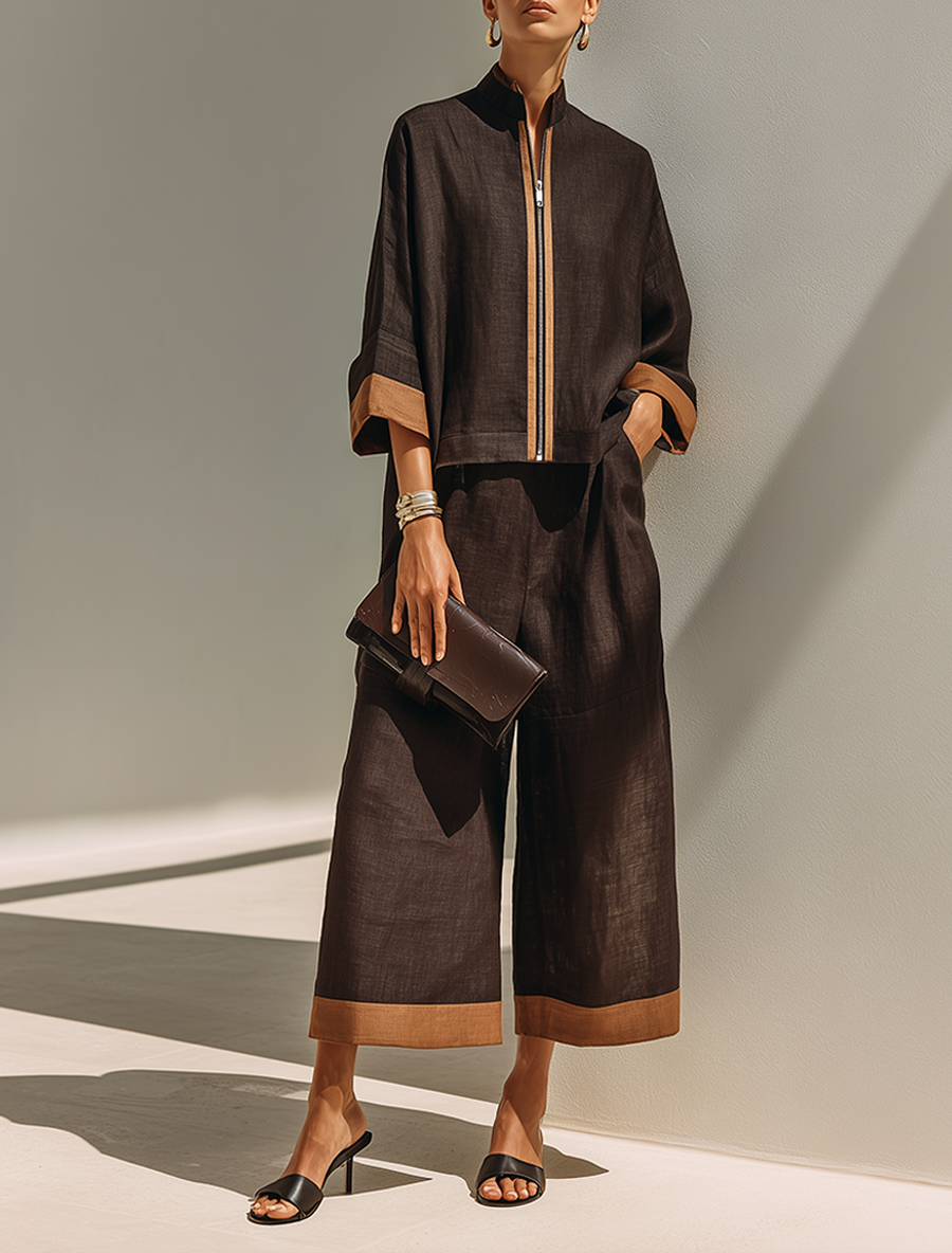 Conjunto de mujer con top corto y pantalón ancho, marrón con detalles camel