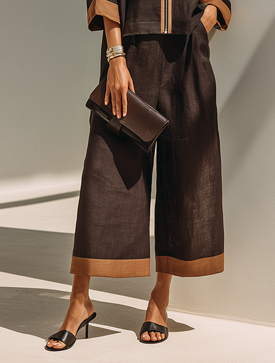 Conjunto de mujer con top corto y pantalón ancho, marrón con detalles camel