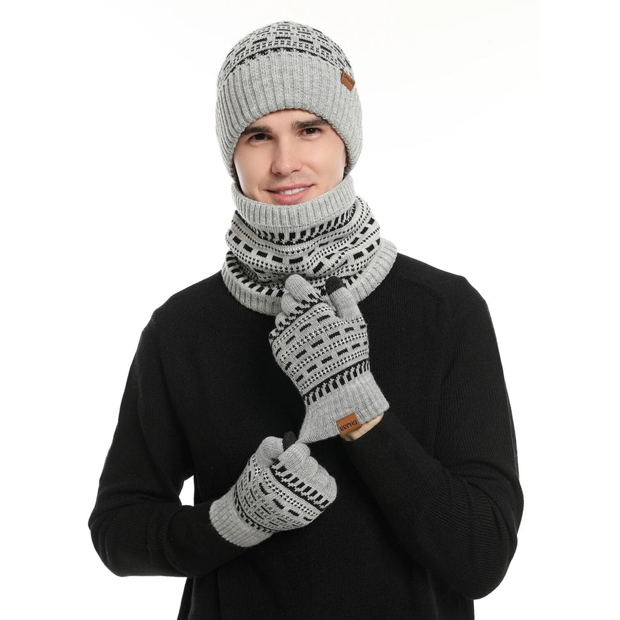 Gestricktes Winterset aus Mütze, Schal, Schlauchschal und Handschuhen mit grauem Muster