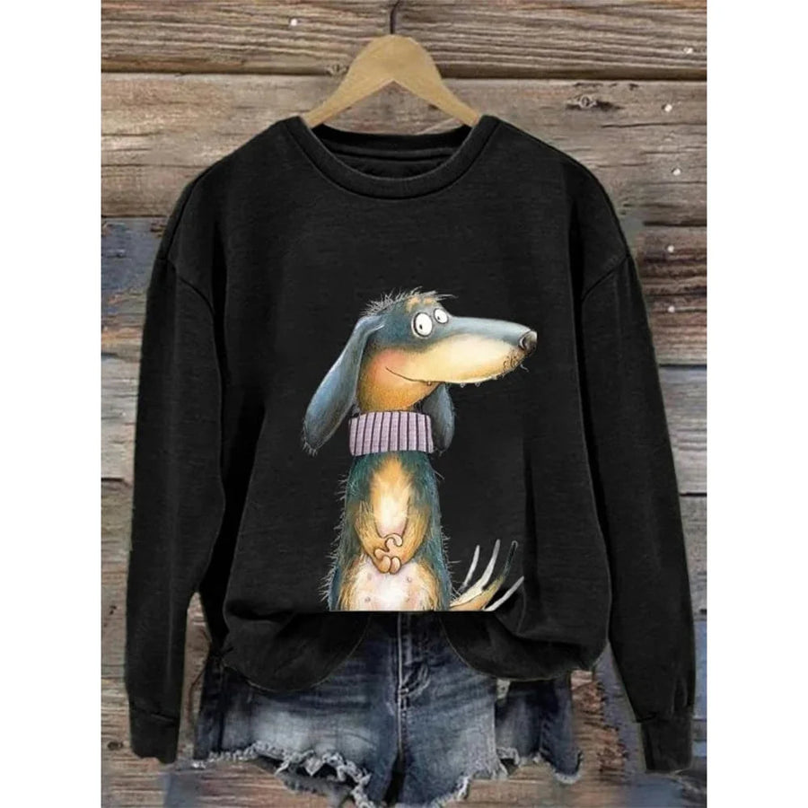 Damen-Sweatshirt mit Rundhalsausschnitt und fantasievollem Hundeaufdruck