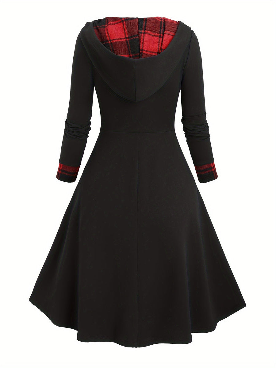 Robe à capuche femme asymétrique noire et à carreaux bicolores avec boutons décoratifs