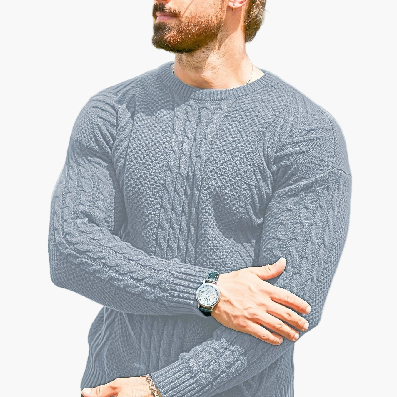 Jersey de punto trenzado para hombre estilo urbano casual – Mangas largas, elegante otoño/invierno