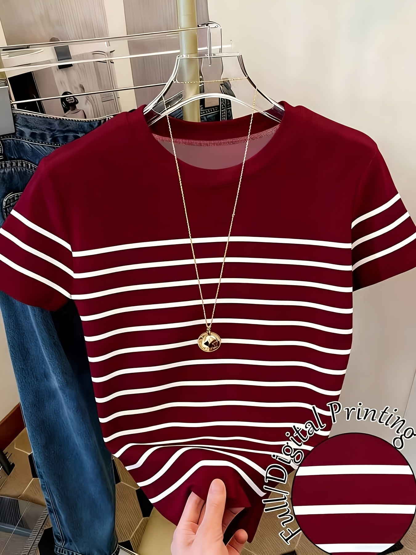T-shirt pour femme style décontracté à rayures et fronces, manches courtes, col rond, tendance été