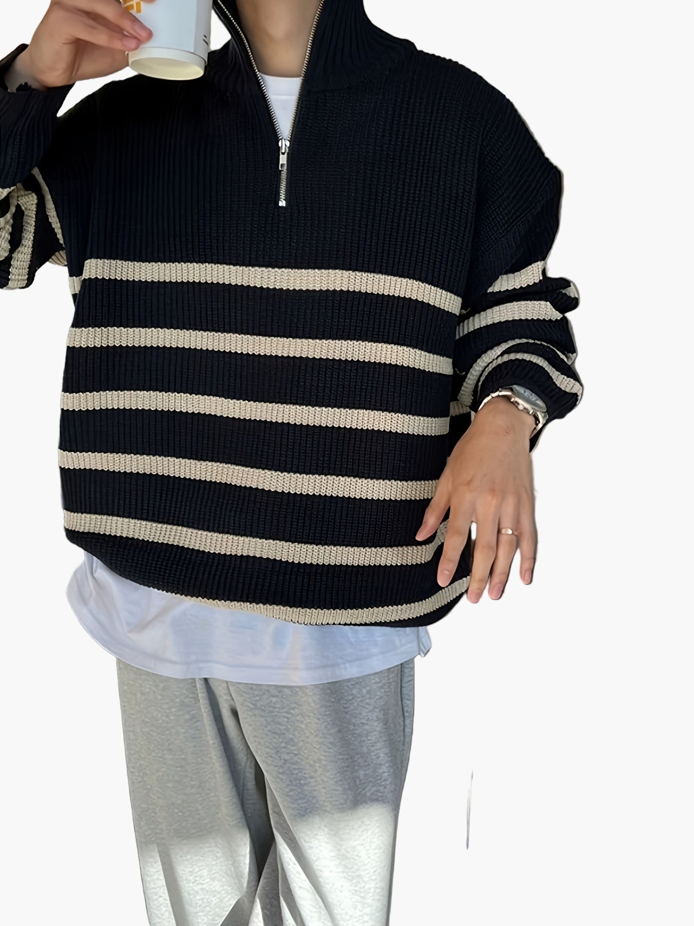 Casual striped zip-up sweater for men autumn-winter style