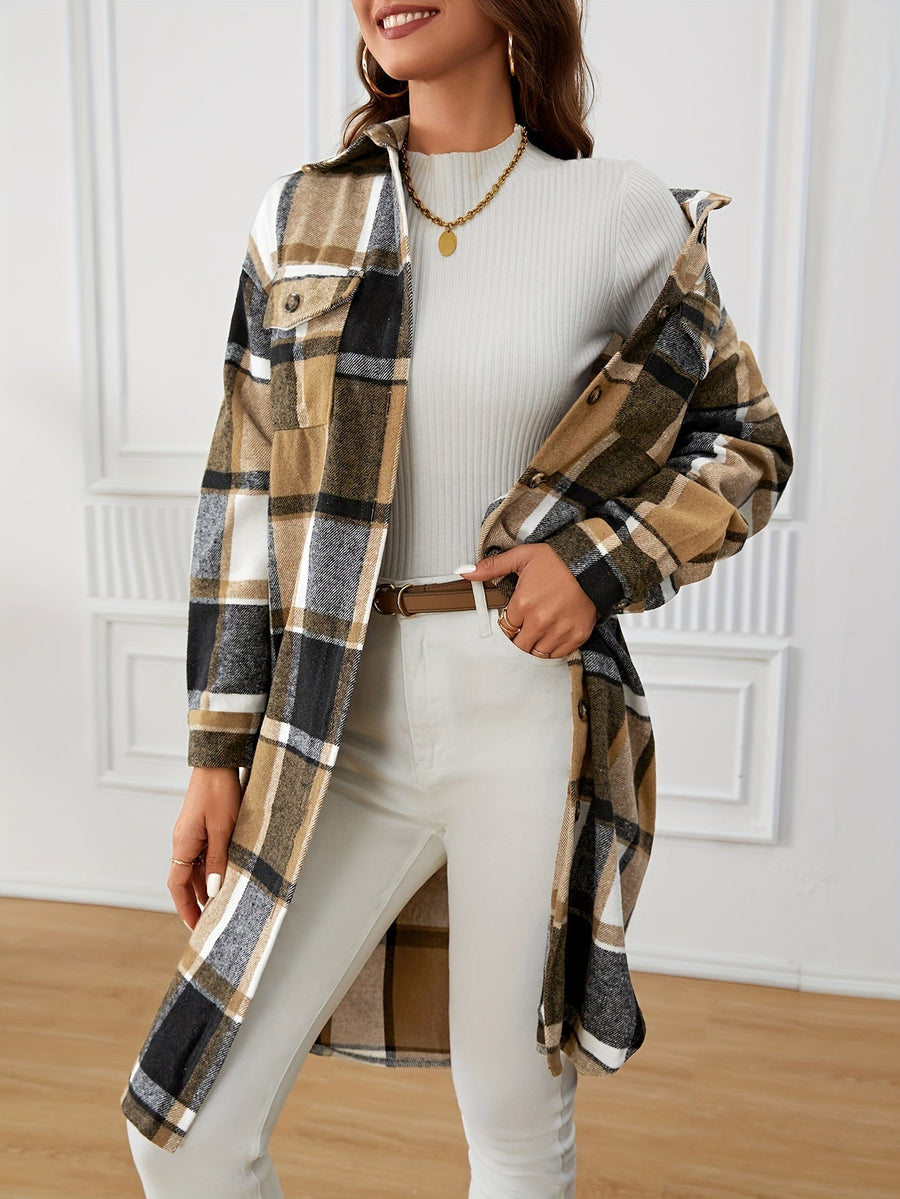 Women's Long Plaid Shirt-Style Coat with Chest Pockets and Relaxed Fit