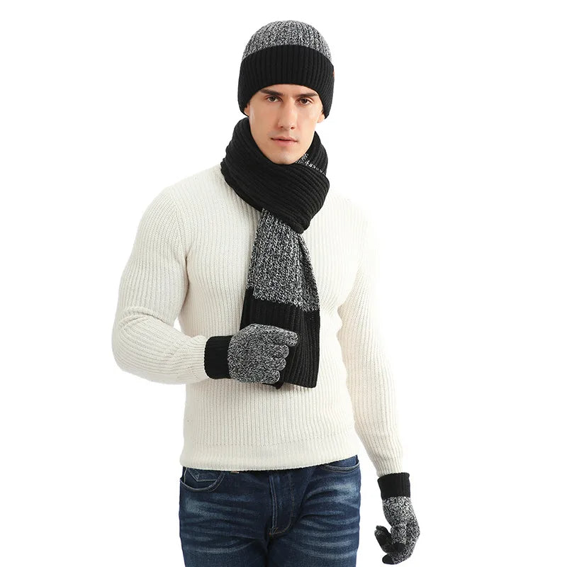 Men's winter beanie and scarf set, two-tone burgundy ribbed knit