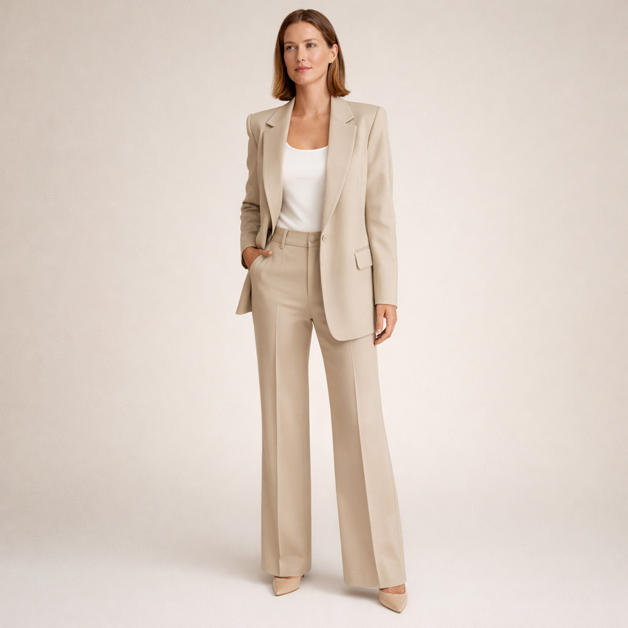 Elegant dresssett til kvinner med jakke og bukse i rett snitt, beige