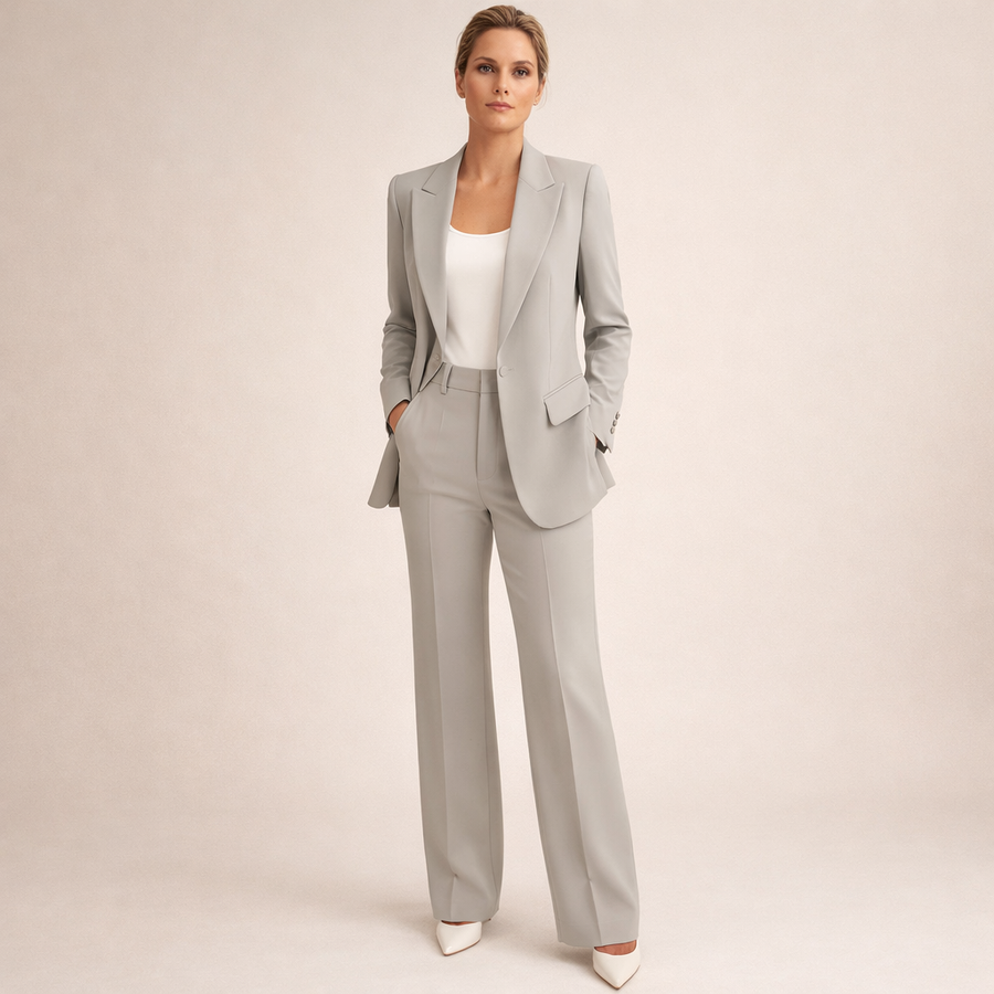 Elegant dresssett til kvinner med jakke og bukse i rett snitt, beige