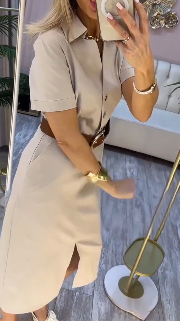 Beige, belted midikjole for kvinner med V-hals og korte ermer