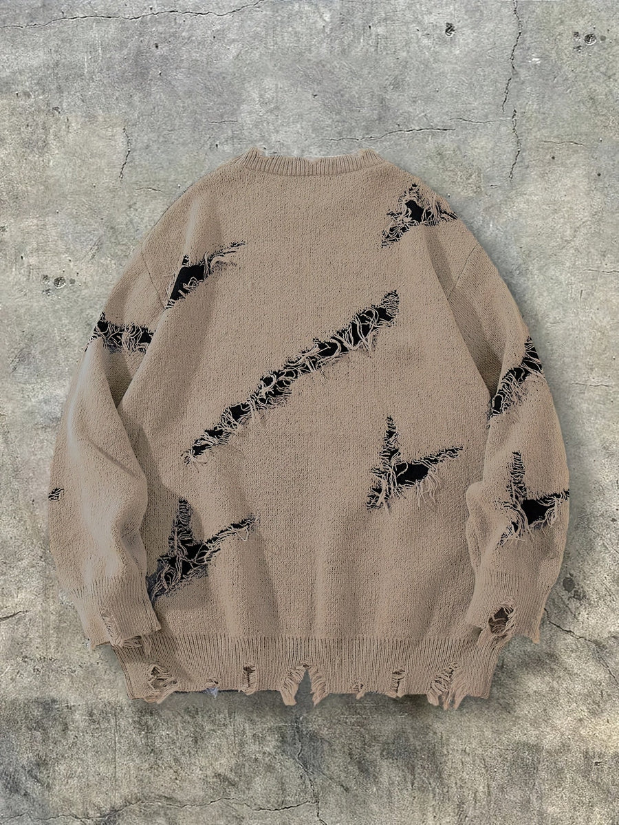 Oversized distressed gray men's sweater with a graphic design